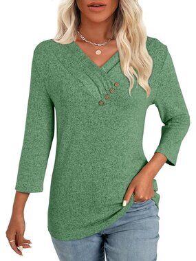 👚Women's Green Tunic Tops V Neck Button Loose T Shirts Fall 3/4 Sleeve Blouse
